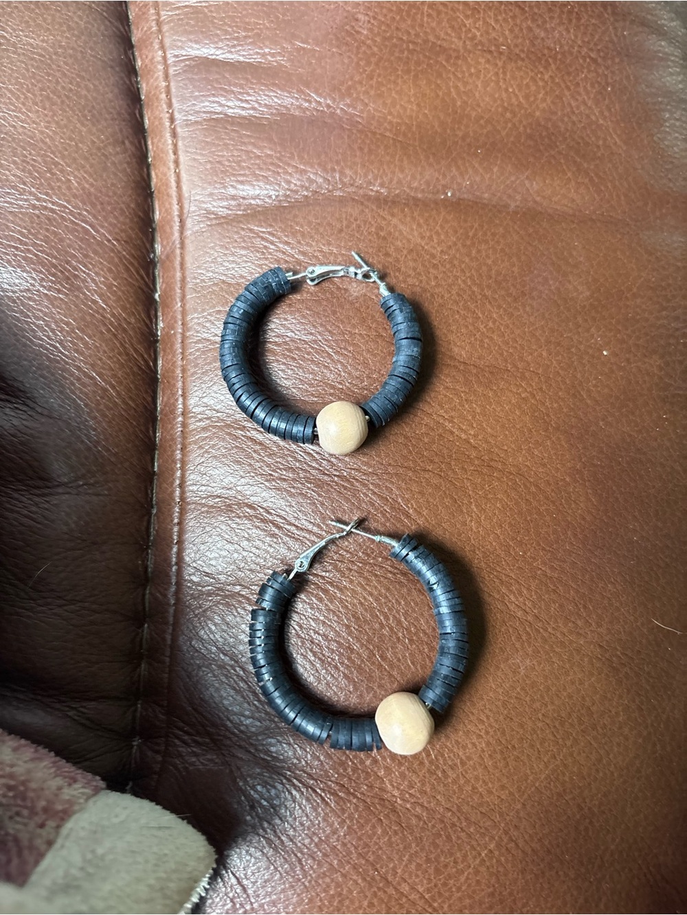 Black and Natural Wood Bead Hoop Earrings - Women Accessories